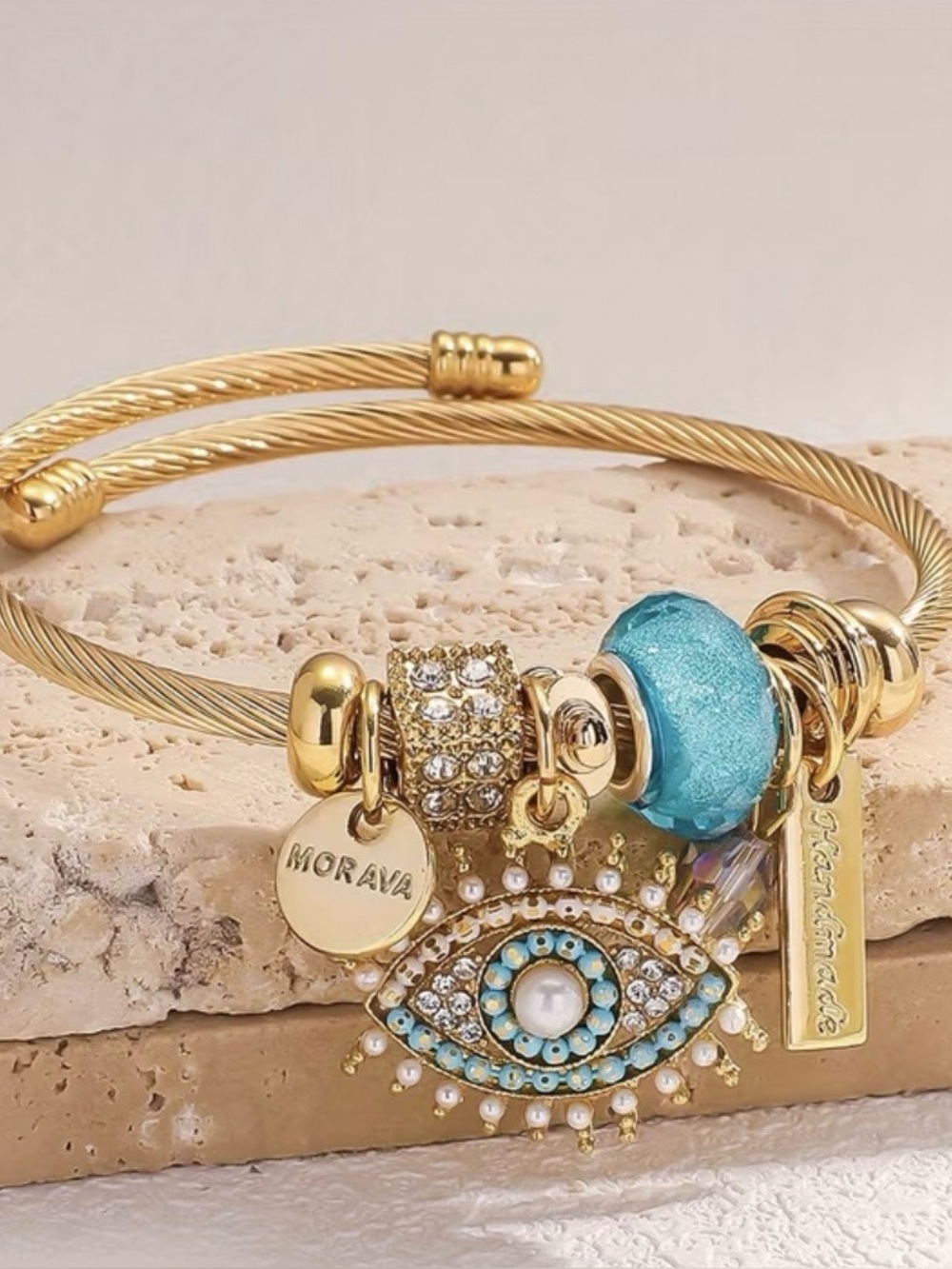 Gold-Tone Evil Eye Charm Bracelet with Turquoise and Pearl Accent